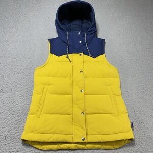 Patagonia Vest Womens Small Yellow Blue Hooded Down Puffer Lined Nylon Outdoor